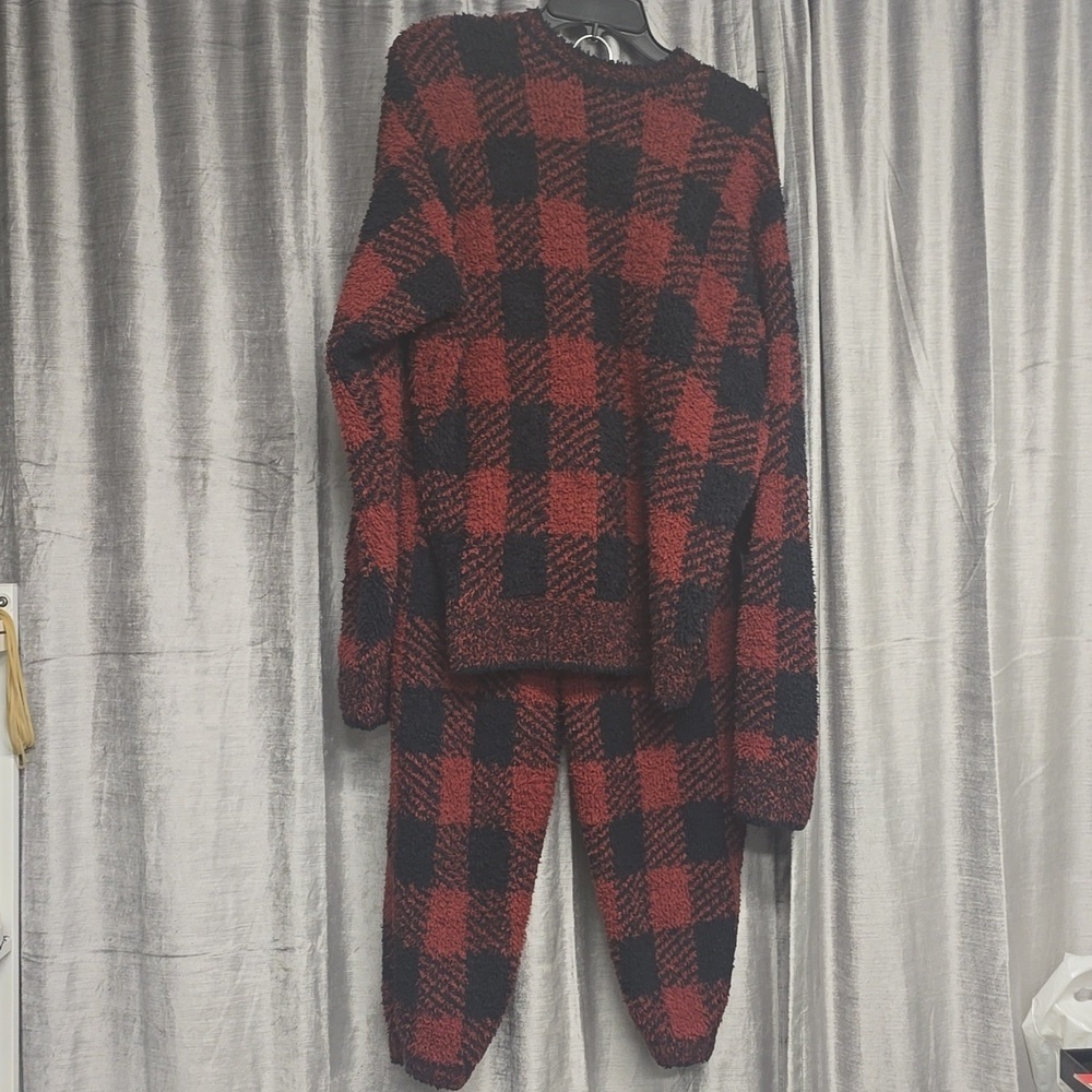 New SKIMS Cozy Knit Unisex Lounge Set - Brick Buffalo Check Oversized SET S/M - Picture 3 of 4